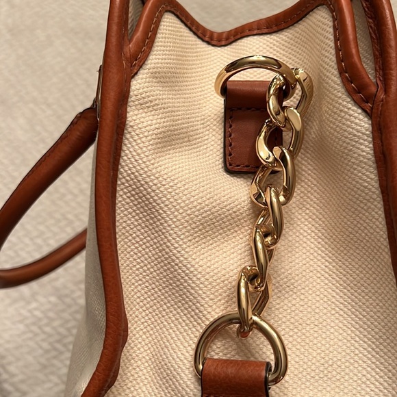 Michael Kors Hamilton Bag Large Blue Stripe Satchel Creme Leather Trim - Picture 6 of 13